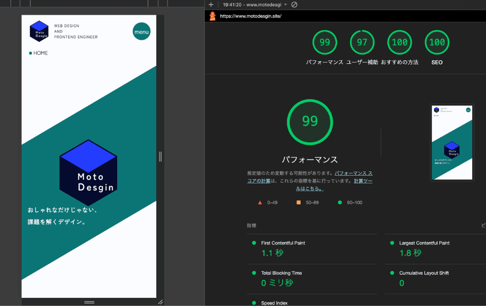 LightHouseでtotalの結果が99点のスクリーンショット